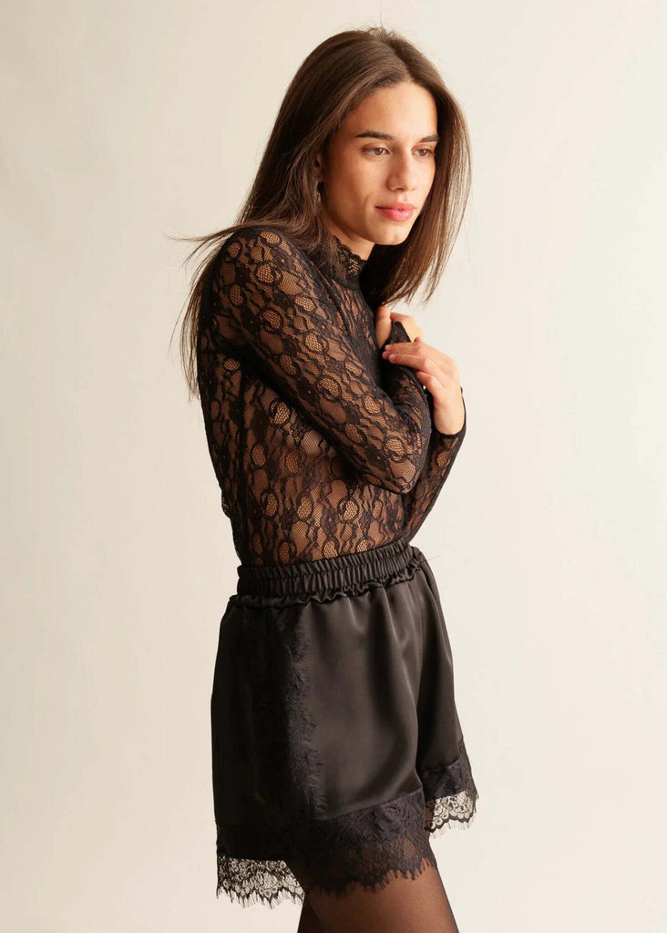 Marcia Shorts — Black lace top and shorts on model — MYFASHIONFRUIT