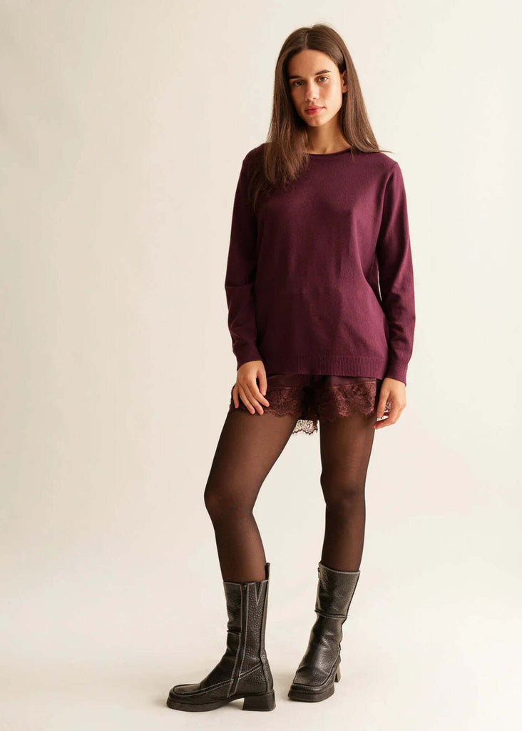 Marcia Shorts — Burgundy, with lace, on model — MYFASHIONFRUIT