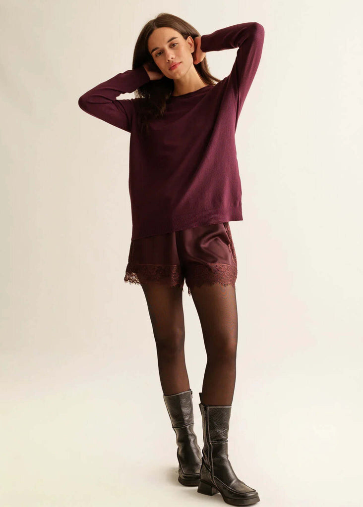 Marcia Shorts — Burgundy, lace trim, on model — MYFASHIONFRUIT