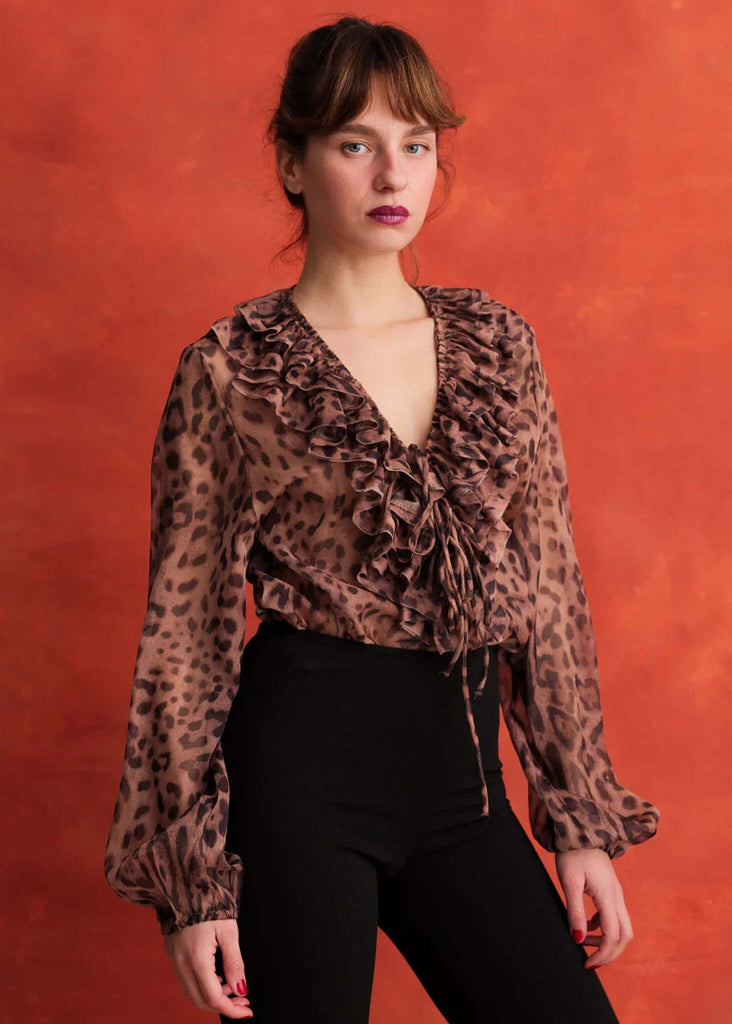 Nameera Top — Leopard print, ruffles, on model — MYFASHIONFRUIT