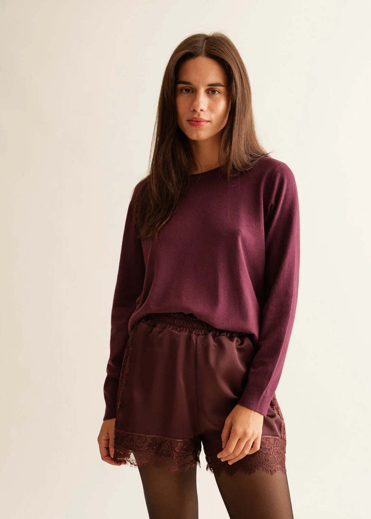 Marcia Shorts — Maroon lace shorts on model — MYFASHIONFRUIT