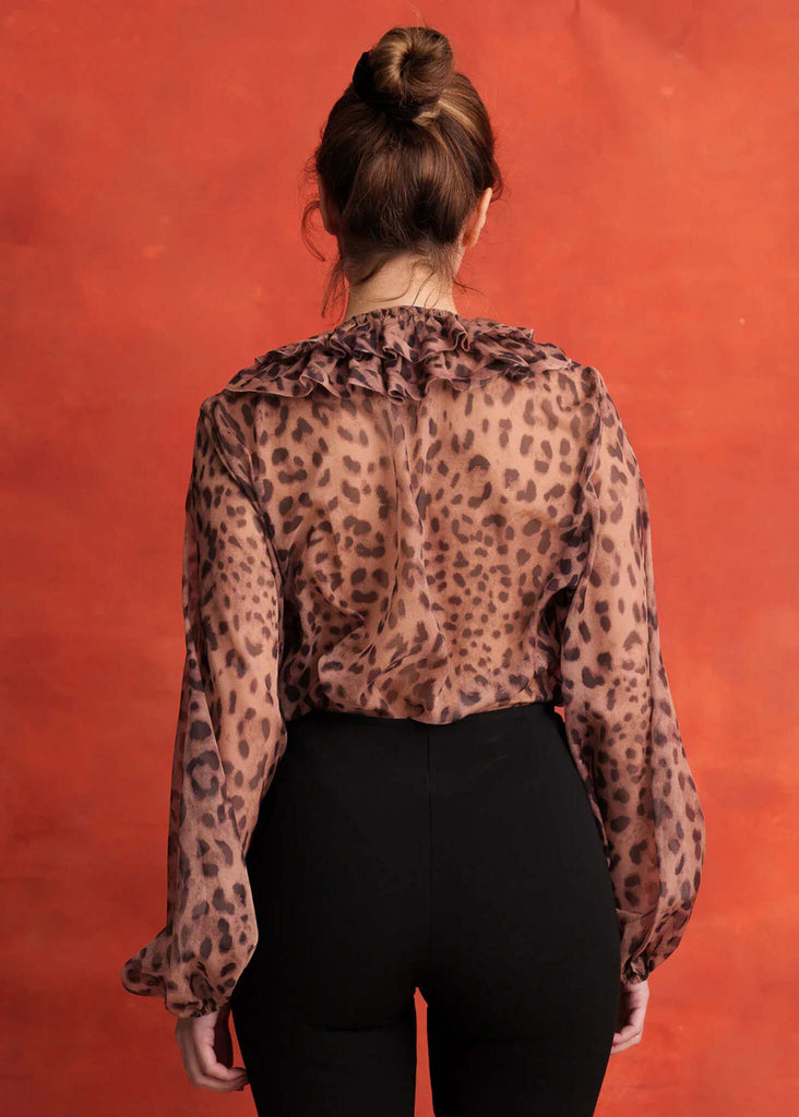 Nameera Top — Leopard blouse with ruffle collar on model, back view — MYFASHIONFRUIT