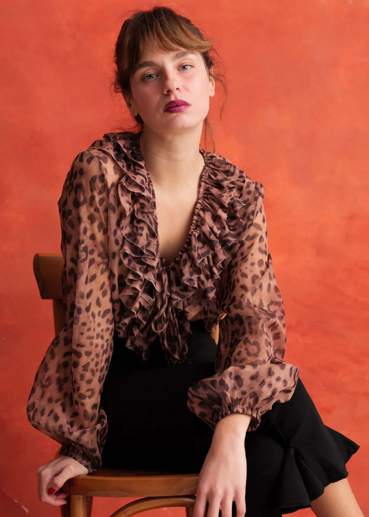 Nameera Top — Animal print with ruffles on model — MYFASHIONFRUIT