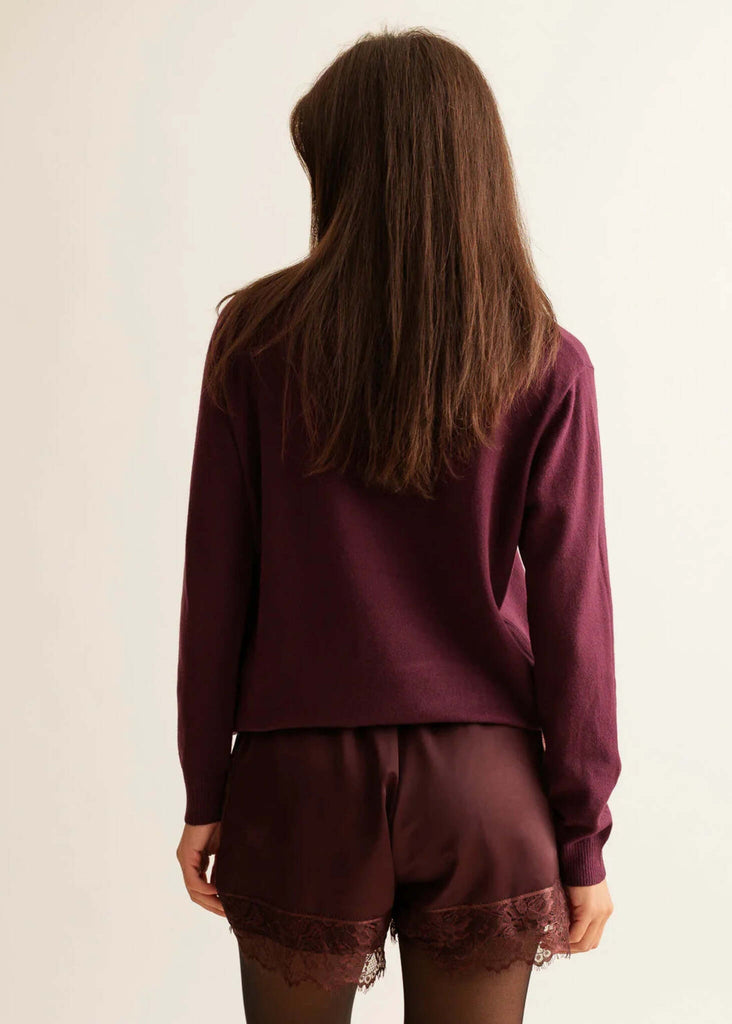 Marcia Shorts — plum shorts with lace on model — MYFASHIONFRUIT