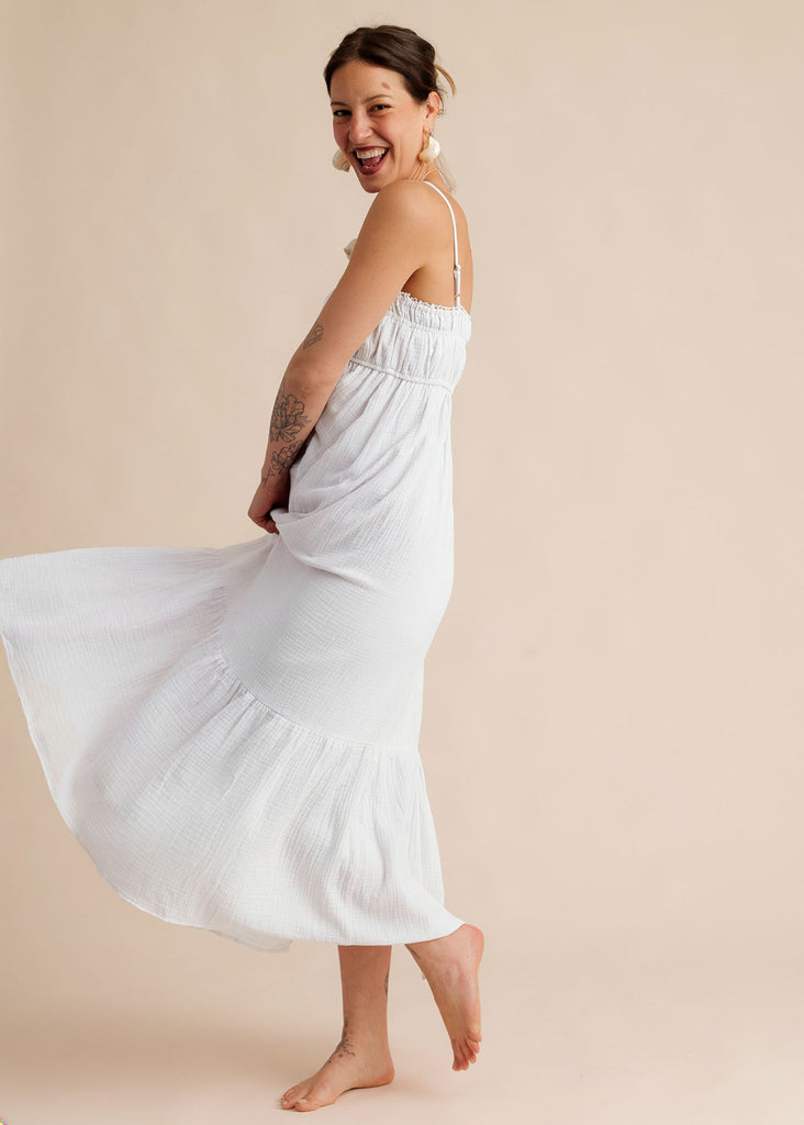 Oriane Dress — White, midi dress with spaghetti straps on model — MYFASHIONFRUIT
