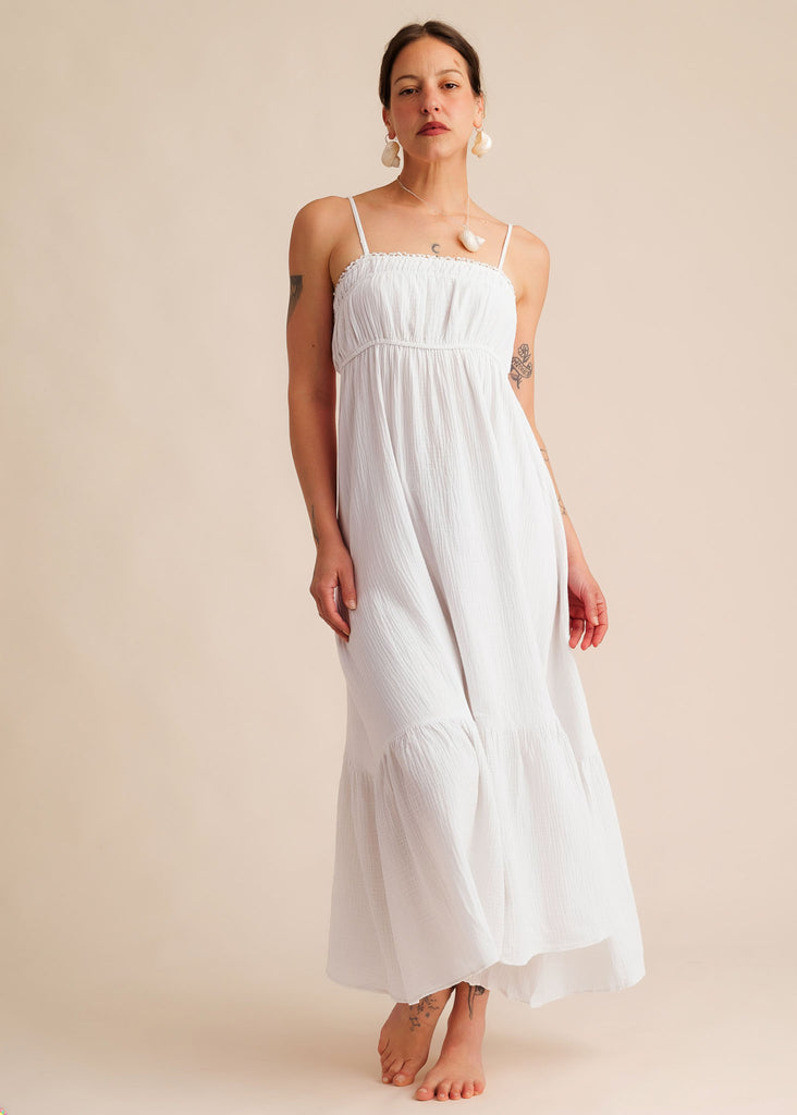 Oriane Dress — White maxi dress with thin straps, on model — MYFASHIONFRUIT