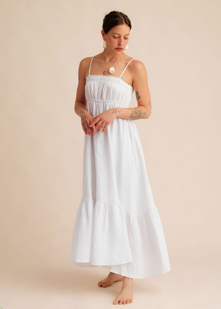 Oriane Dress — White maxi dress with thin straps, on model — MYFASHIONFRUIT