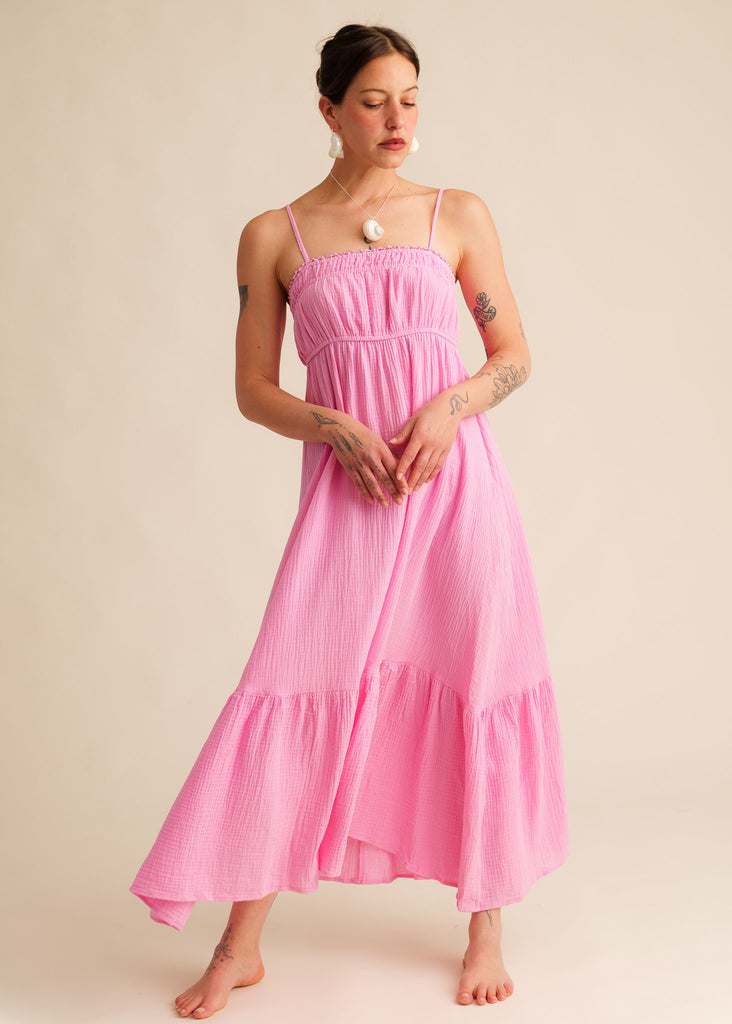 Oriane Dress — Pink maxi dress with thin straps, on model — MYFASHIONFRUIT