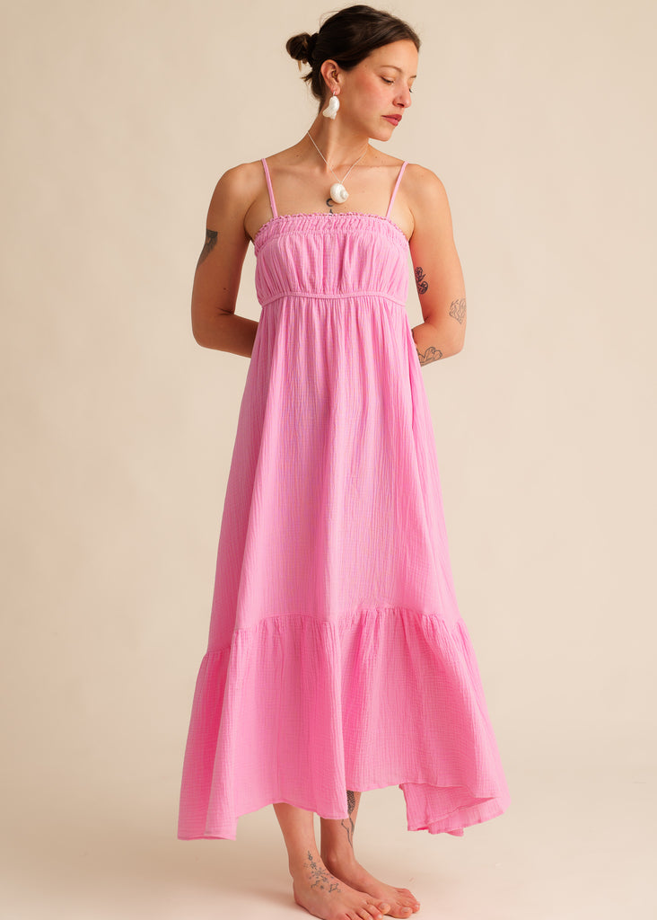 Oriane Dress — Pink maxi dress with thin straps, on model — MYFASHIONFRUIT