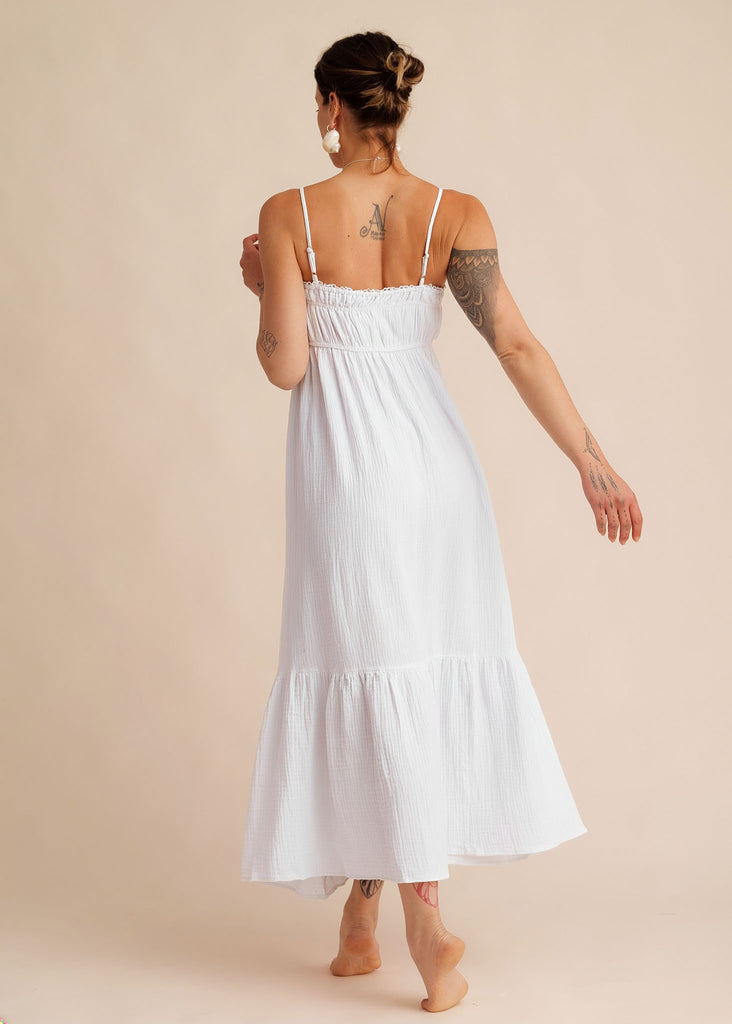 Oriane Dress — White maxi dress on model — MYFASHIONFRUIT