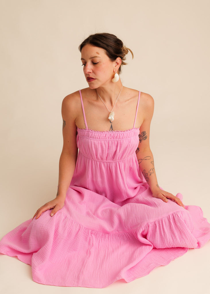 Oriane Dress — Pink smocked dress on model — MYFASHIONFRUIT