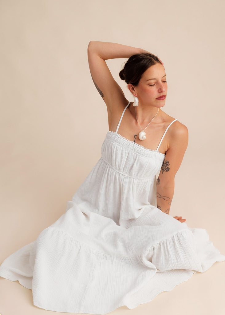 Oriane Dress — White cotton dress on model — MYFASHIONFRUIT