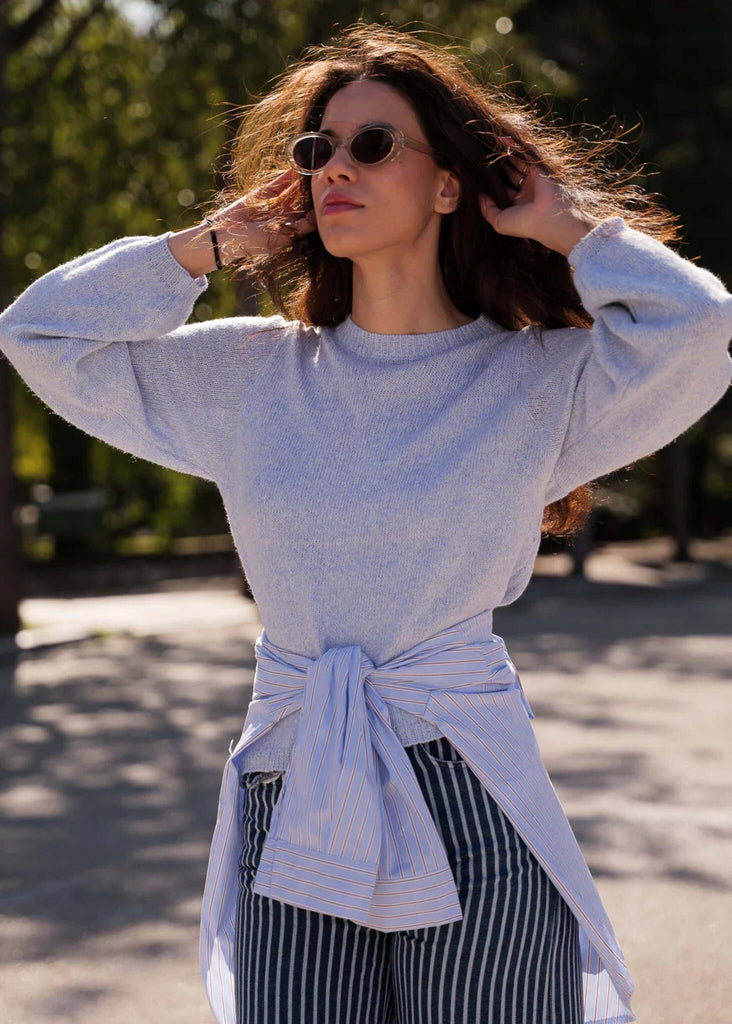 Irena Jumper — Light blue knit on model, shirt tied at waist — MYFASHIONFRUIT