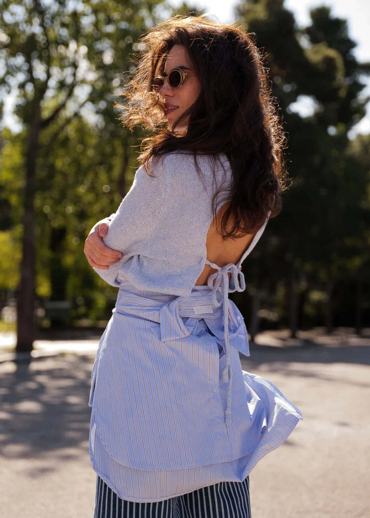 Irena Jumper — Open-back blue knit on model — MYFASHIONFRUIT