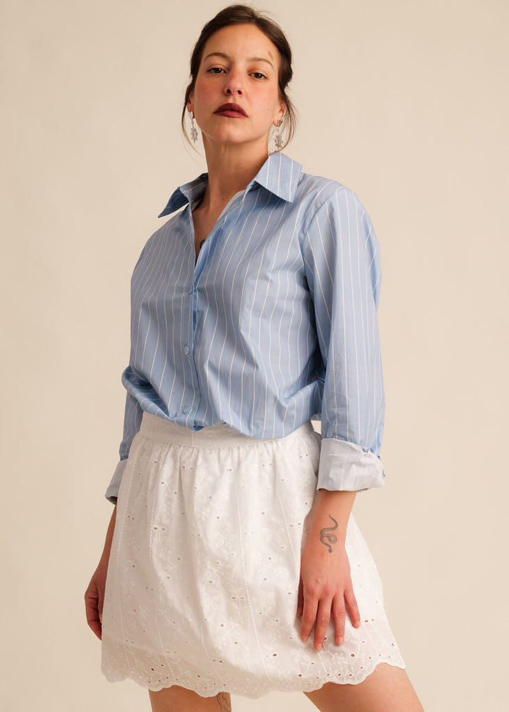 Ninon Skirt — White lace skirt on model, blue striped shirt — MYFASHIONFRUIT