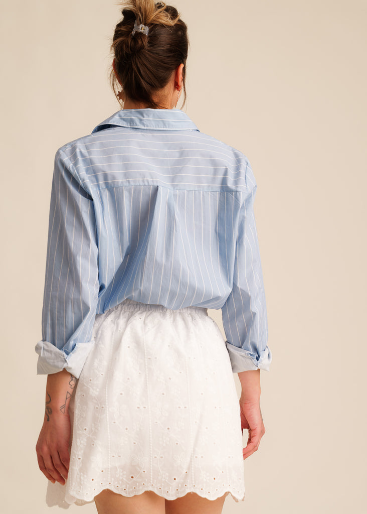 Ninon Skirt — White eyelet skirt & blue striped shirt on model — MYFASHIONFRUIT