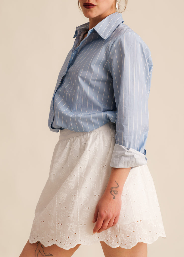 Ninon Skirt — White eyelet skirt on model, blue striped shirt — MYFASHIONFRUIT