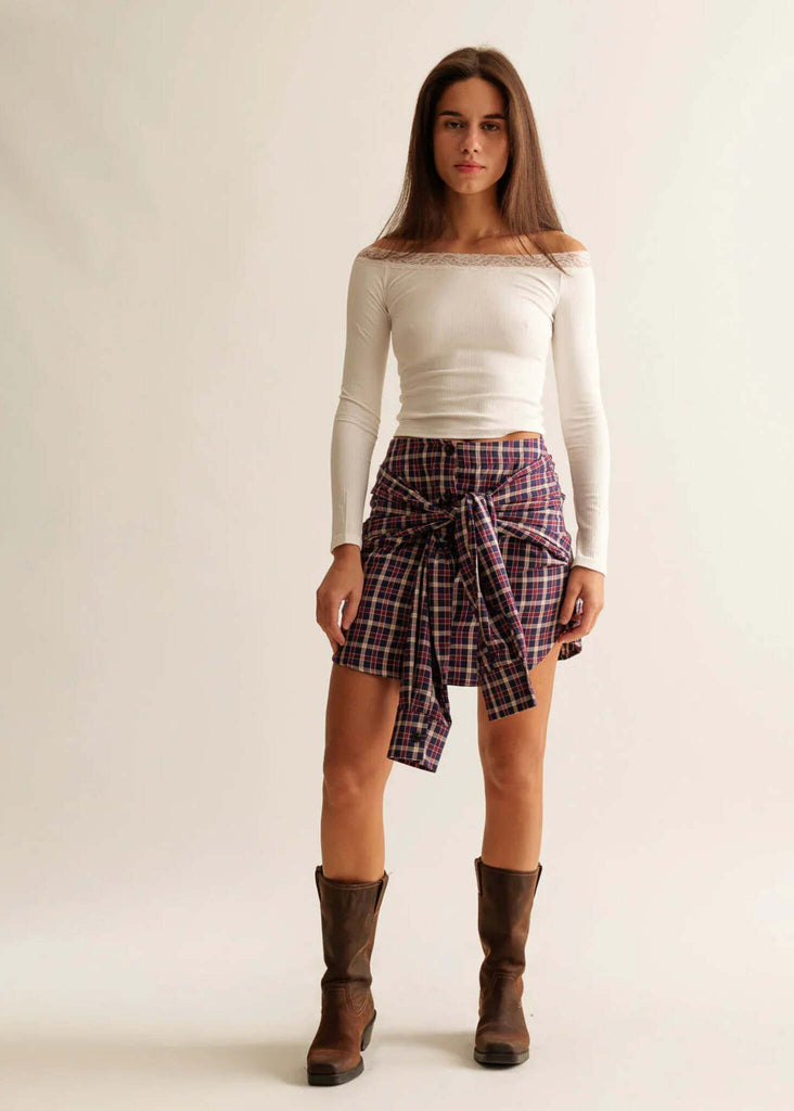 Britney Skirt — Plaid skirt tied on model — MYFASHIONFRUIT