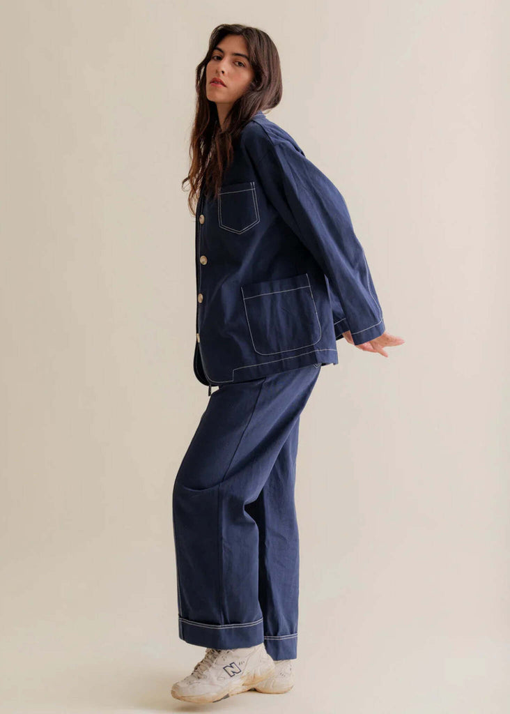 Robynne Overshirt — Blue set with white stitch on model — MYFASHIONFRUIT