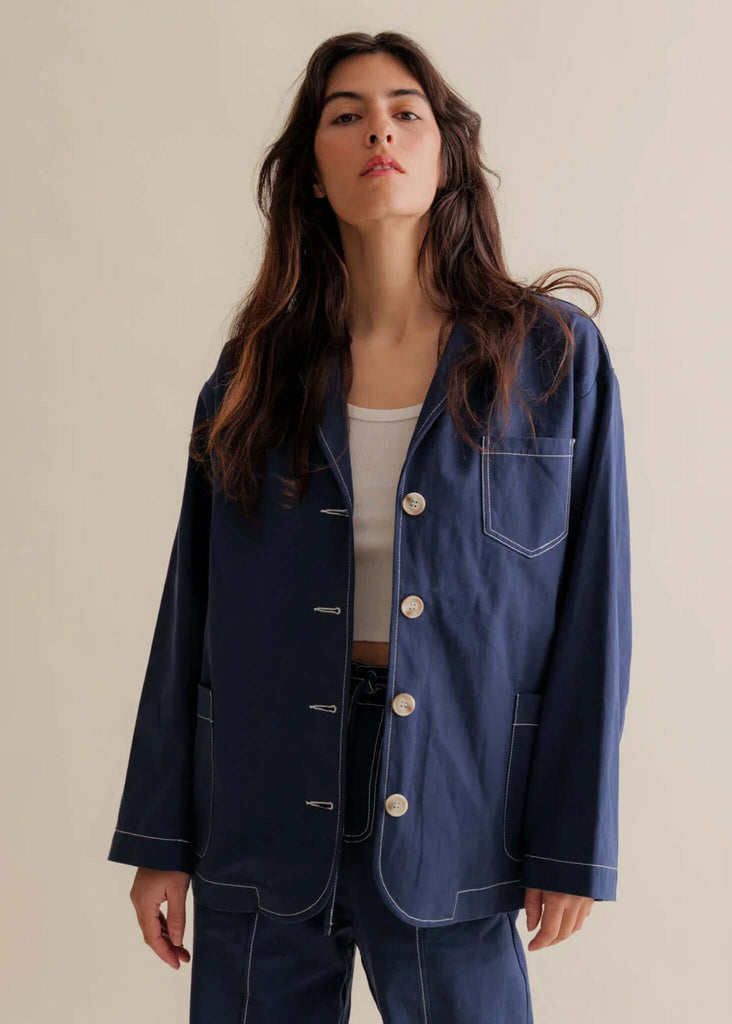 Robynne Overshirt — Blue overshirt with white stitching on model — MYFASHIONFRUIT