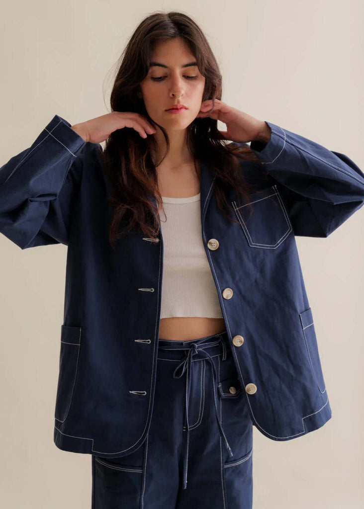 Robynne Overshirt — Navy overshirt with white stitching on model — MYFASHIONFRUIT