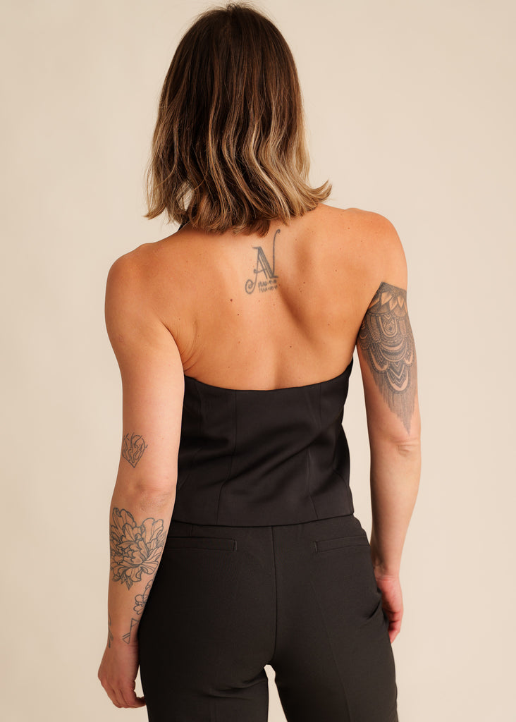 Cassiopée Waistcoat Top — Black strapless top and pants on model — MYFASHIONFRUIT