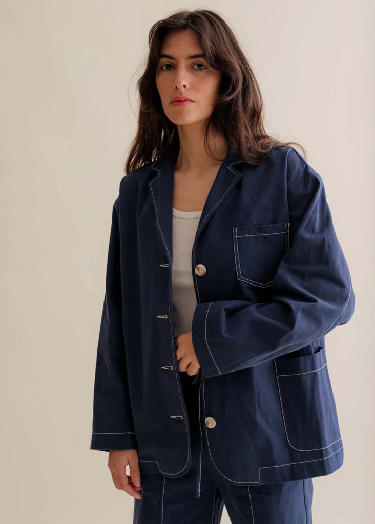 Robynne Overshirt — Navy overshirt with white stitching on model — MYFASHIONFRUIT