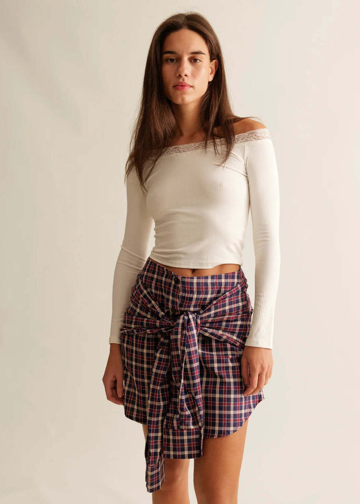 Britney Skirt — Blue plaid tied skirt on model — MYFASHIONFRUIT