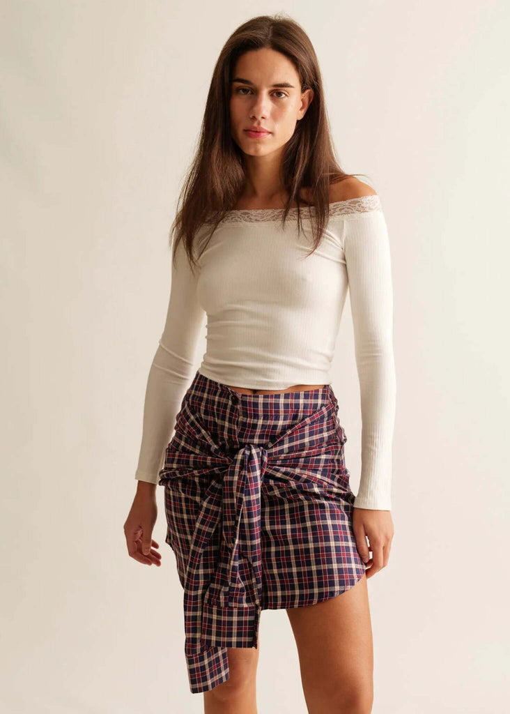 Britney Skirt — Plaid tied on model — MYFASHIONFRUIT