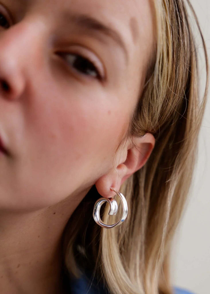 Cyrene Earrings — Silver hoops on model, detail — MYFASHIONFRUIT