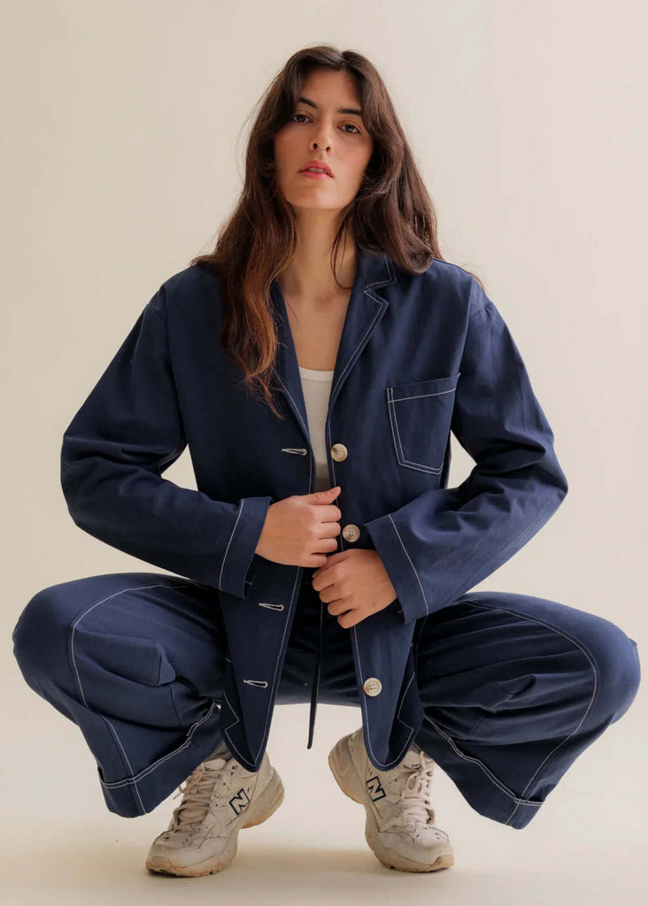 Robynne Overshirt — Blue overshirt with white stitching on model — MYFASHIONFRUIT