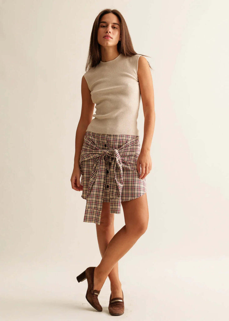 Britney Skirt — Plaid skirt tied at the front on model — MYFASHIONFRUIT