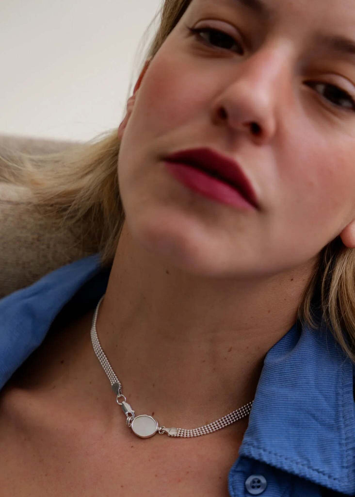 Ismene Necklace — silver on model, close-up — MYFASHIONFRUIT