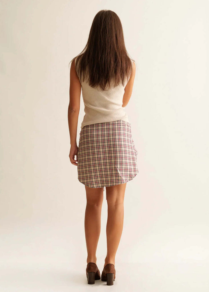 Britney Skirt — Beige and red plaid on model — MYFASHIONFRUIT