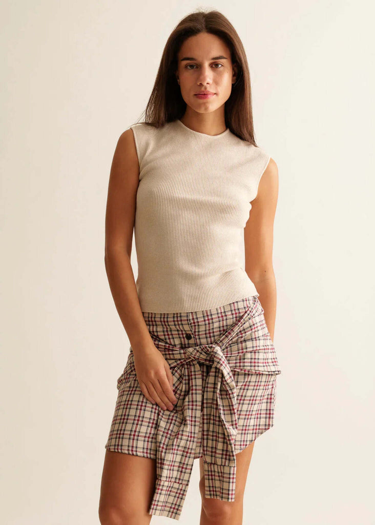 Britney Skirt — Plaid mini skirt tied on model — MYFASHIONFRUIT