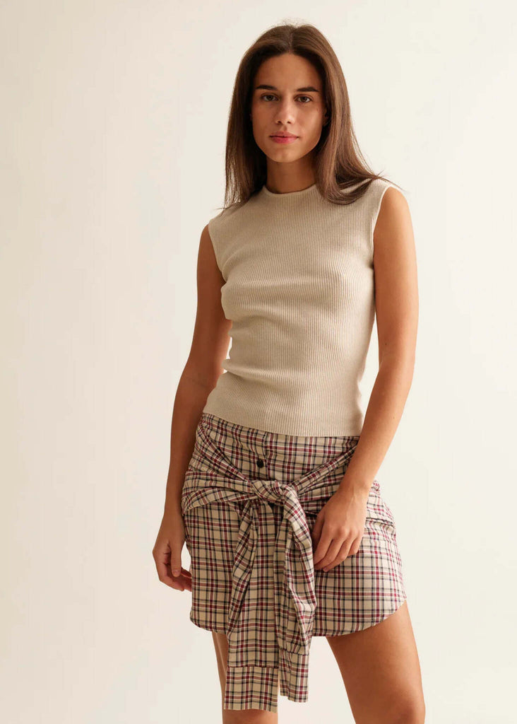Britney Skirt — Plaid mini skirt tied on model — MYFASHIONFRUIT