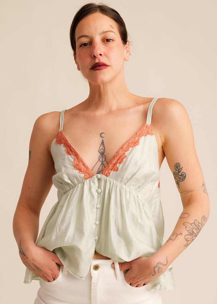 Mon Chou Camisole Top — Sky blue cami with coral lace, on model — MYFASHIONFRUIT