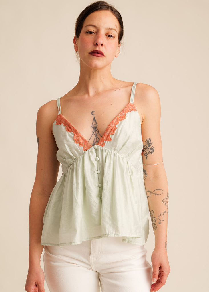 Mon Chou Camisole Top — Pastel green camisole with lace detail on model — MYFASHIONFRUIT