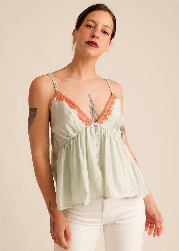 Mon Chou Camisole Top — Sage green top with orange lace detail on model — MYFASHIONFRUIT