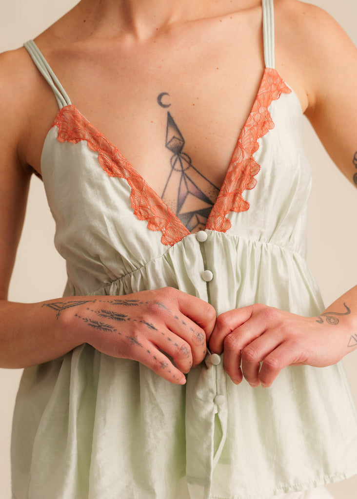 Mon Chou Camisole Top — Sage green top with coral lace trim on model — MYFASHIONFRUIT