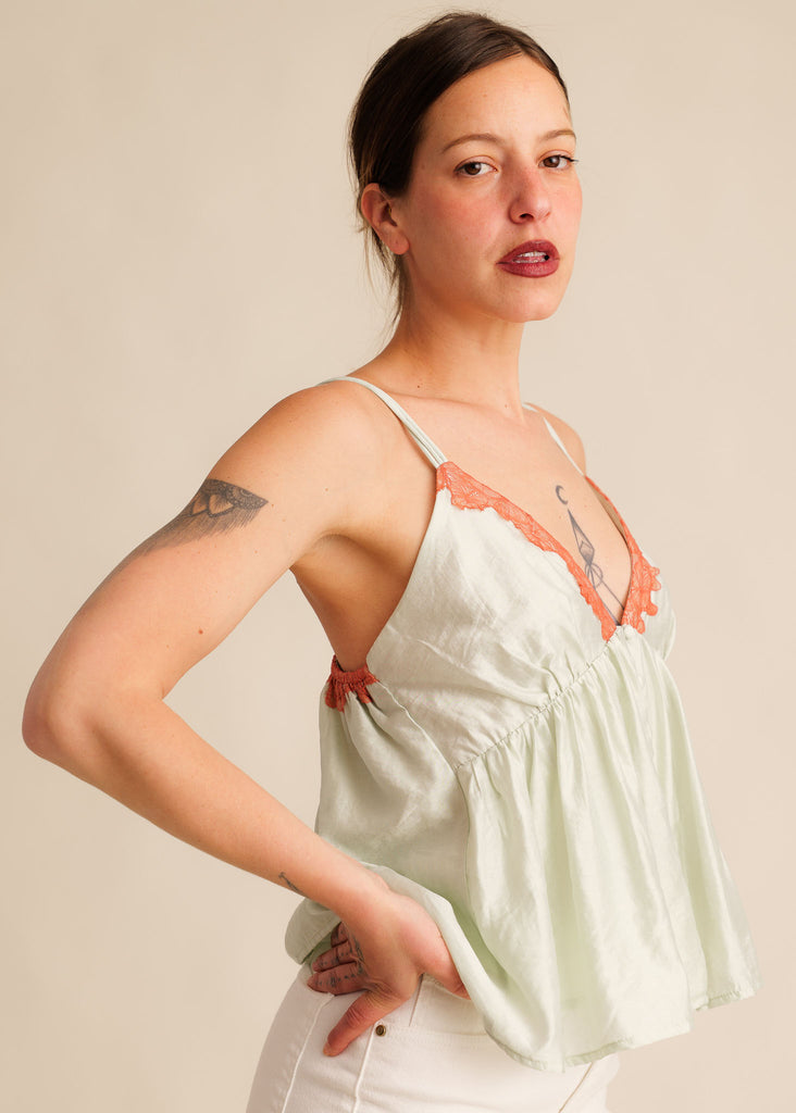 Mon Chou Camisole Top — Mint green cami with orange lace, on model — MYFASHIONFRUIT