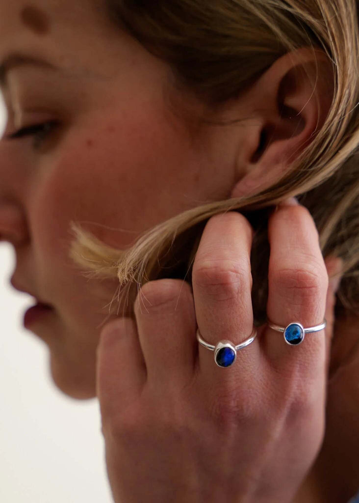 Nesaea Ring — two silver rings with blue stones on model — MYFASHIONFRUIT