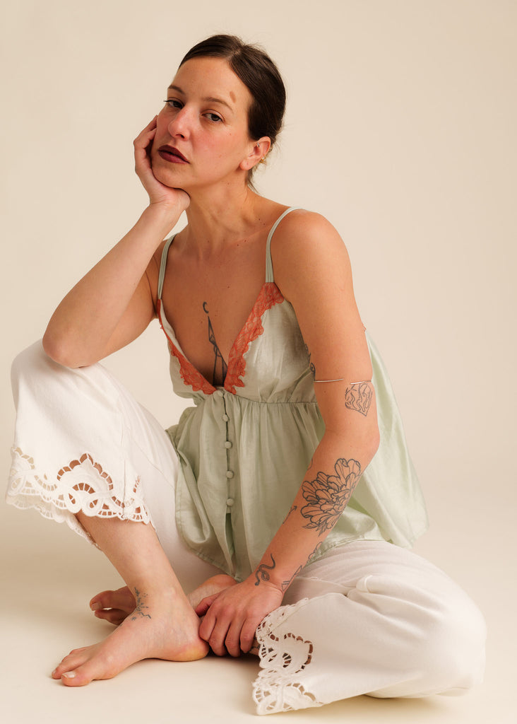 Mon Chou Camisole Top — Mint green camisole with lace detail, on model — MYFASHIONFRUIT