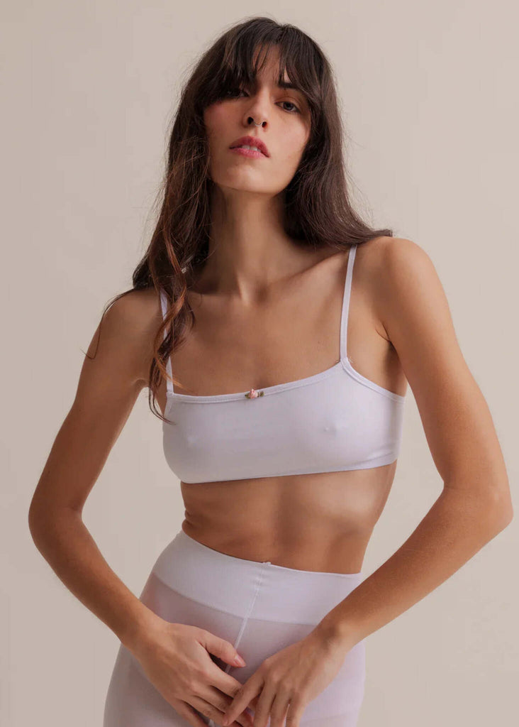Rosemary Bralette — White bralette with rose, on model — MYFASHIONFRUIT