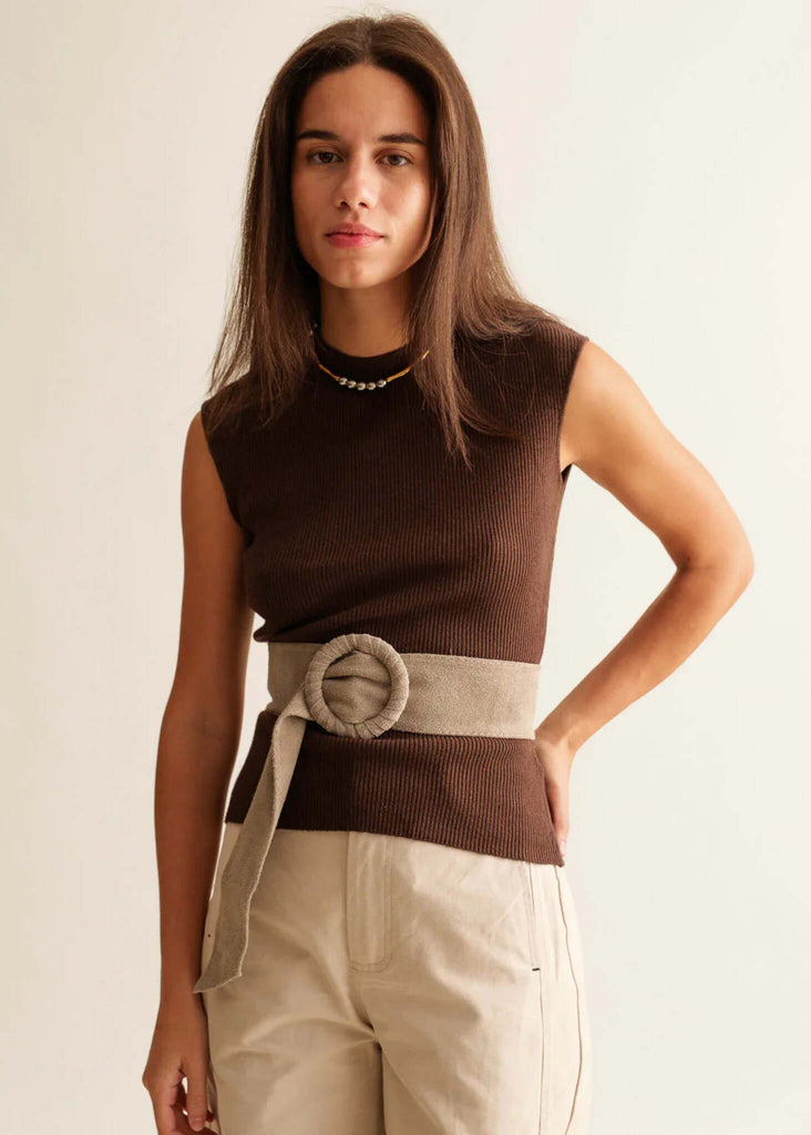 Ursula Belt — Beige suede belt on model — MYFASHIONFRUIT