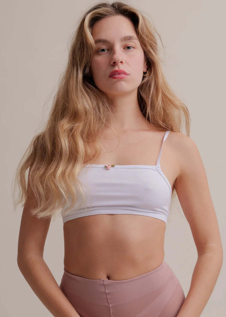 Rosemary Bralette — White bralette with floral detail on model — MYFASHIONFRUIT
