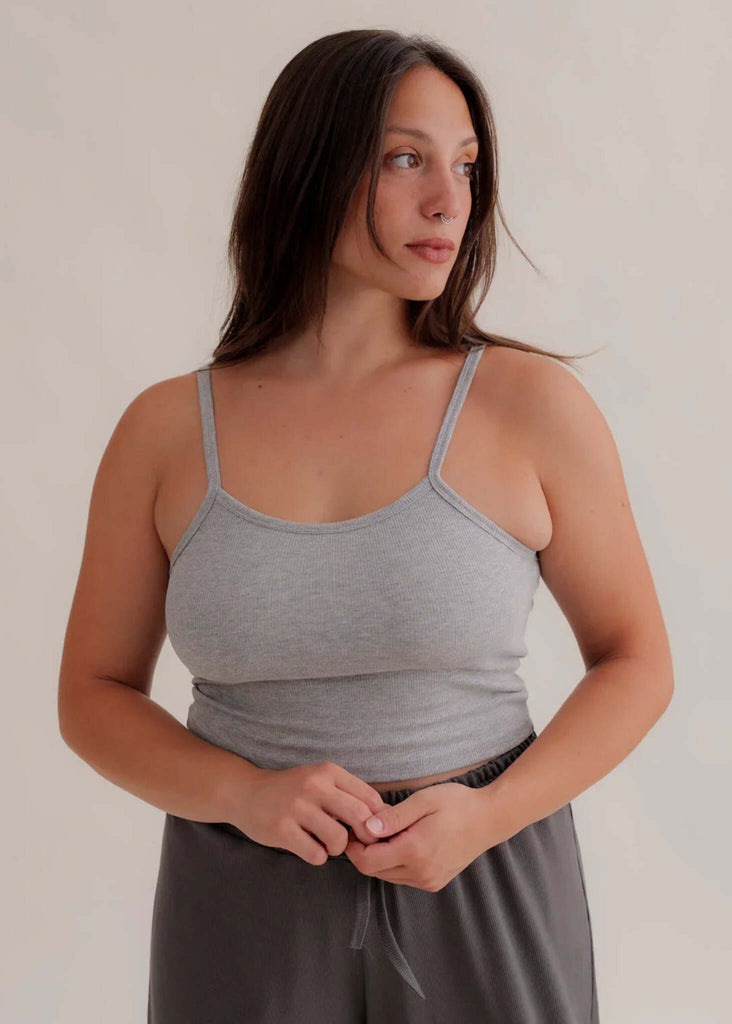 Calm Cami — Grey ribbed cami on model — MYFASHIONFRUIT