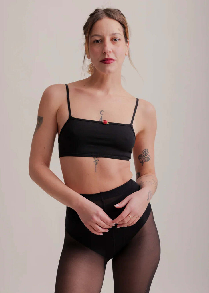 Rosemary Bralette — Black bralette with rose detail on model — MYFASHIONFRUIT