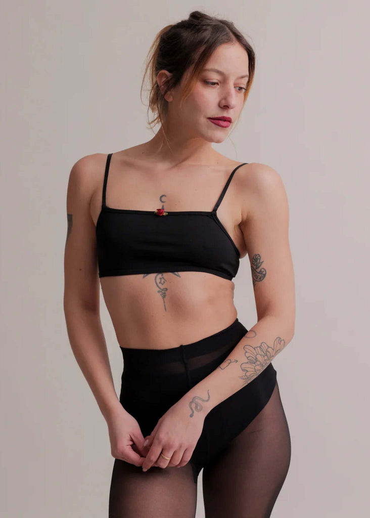 Rosemary Bralette — Black with flower detail on model — MYFASHIONFRUIT