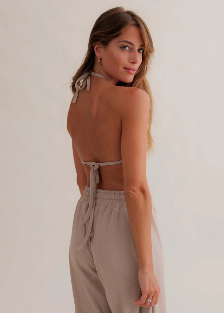Ethereal Triangle Bra — taupe on model, tie back — MYFASHIONFRUIT